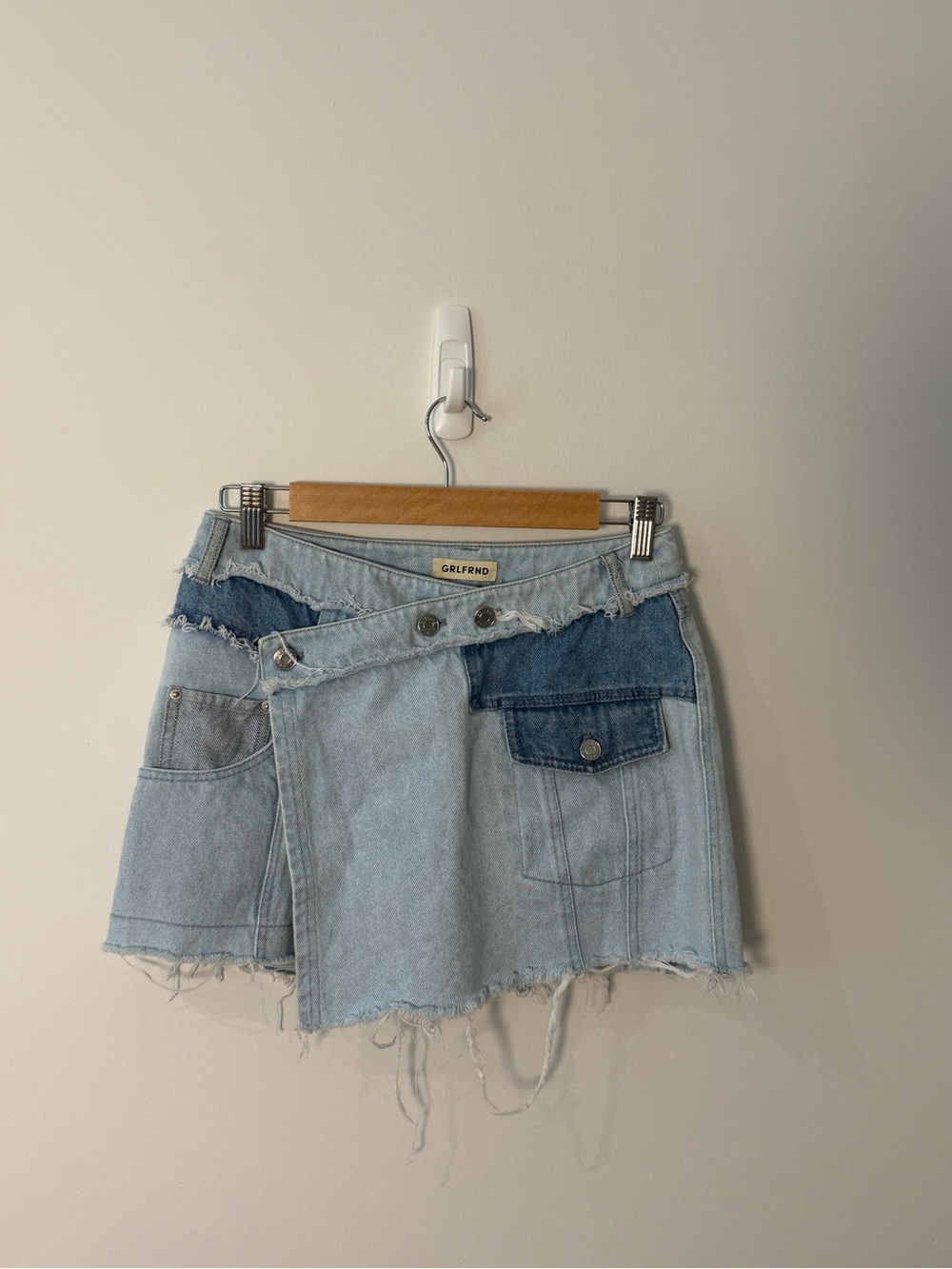 GRLFRND Two-Tone Light and Dark Blue Denim Mini Skirt